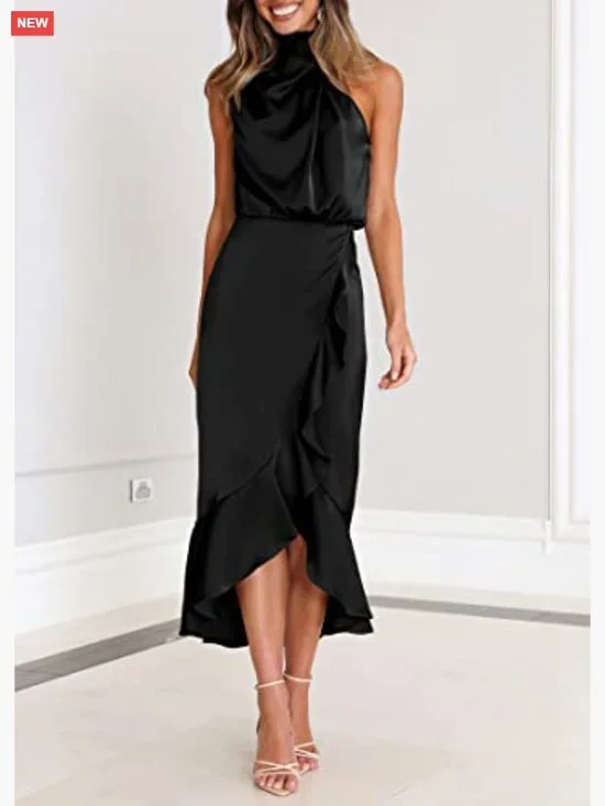 Satin Mock Neck Wrap Midi Dress Sleeveless Formal Cocktail Party - Picture 3 of 7